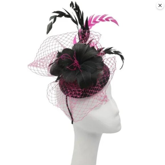 Sinamay Handmade Pink & Black Feather Fascinator | Derby Wedding Hat Headband - Picture 4 of 8
